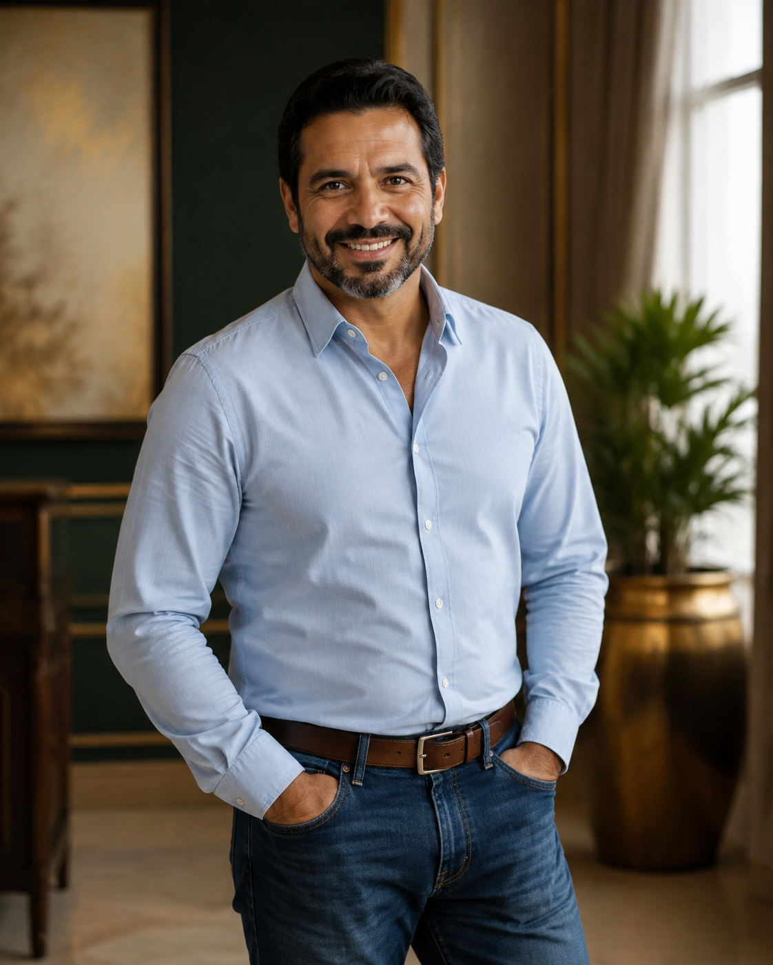 Illustrative portrait of a Mexican man in jeans and a button-down shirt