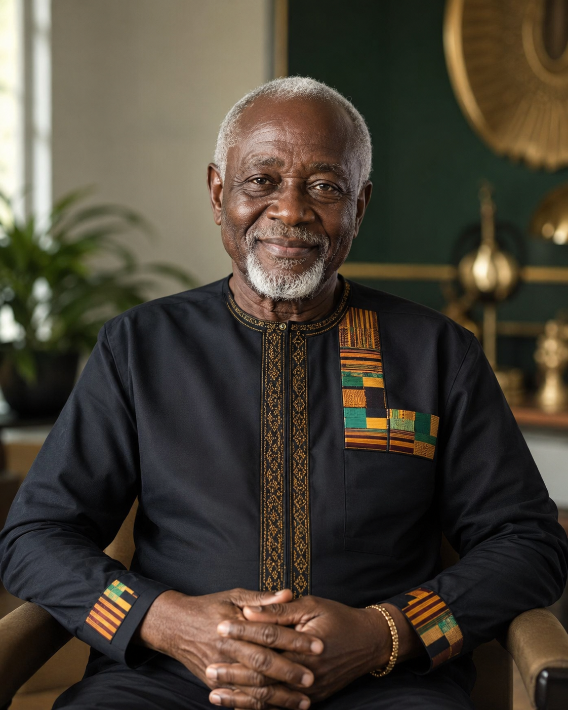 Illustrative portrait of an elderly Ghanaian man in a formal kente-accented outfit